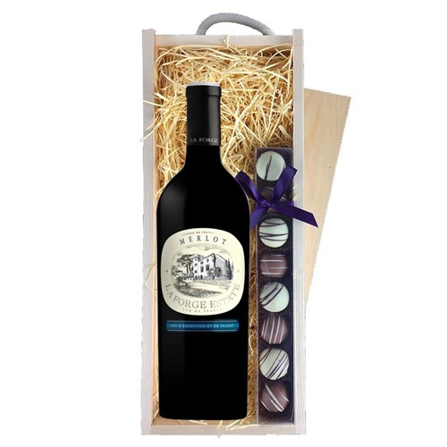 La Forge Merlot 75cl French Red Wine & Heart Truffles, Wooden Box